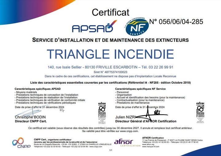 certification APSAD Extincteur